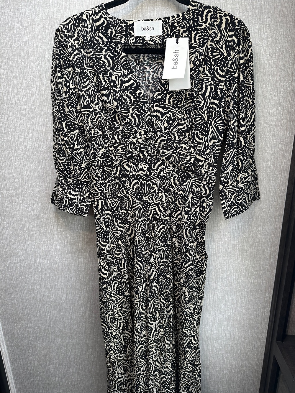 ba&sh Black and Cream Patterned Midi Wrap Dress